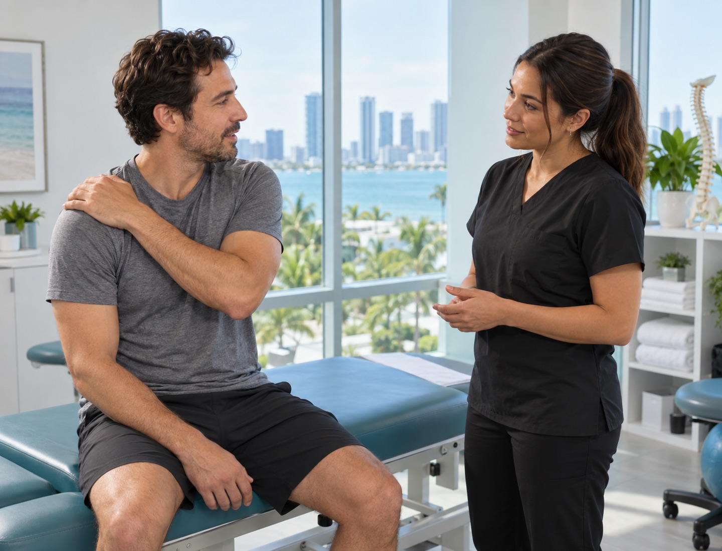 Illustrative photo of an adult indicating shoulder discomfort while speaking with a massage clinician